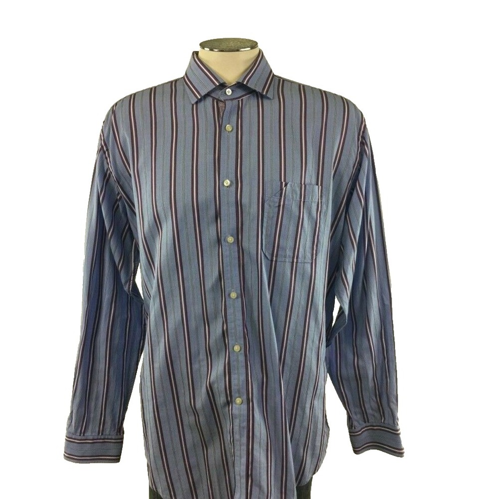 Thomas Dean Button Front Shirt XL Blue Purple White Stripe Mens Flip‎ Cuff